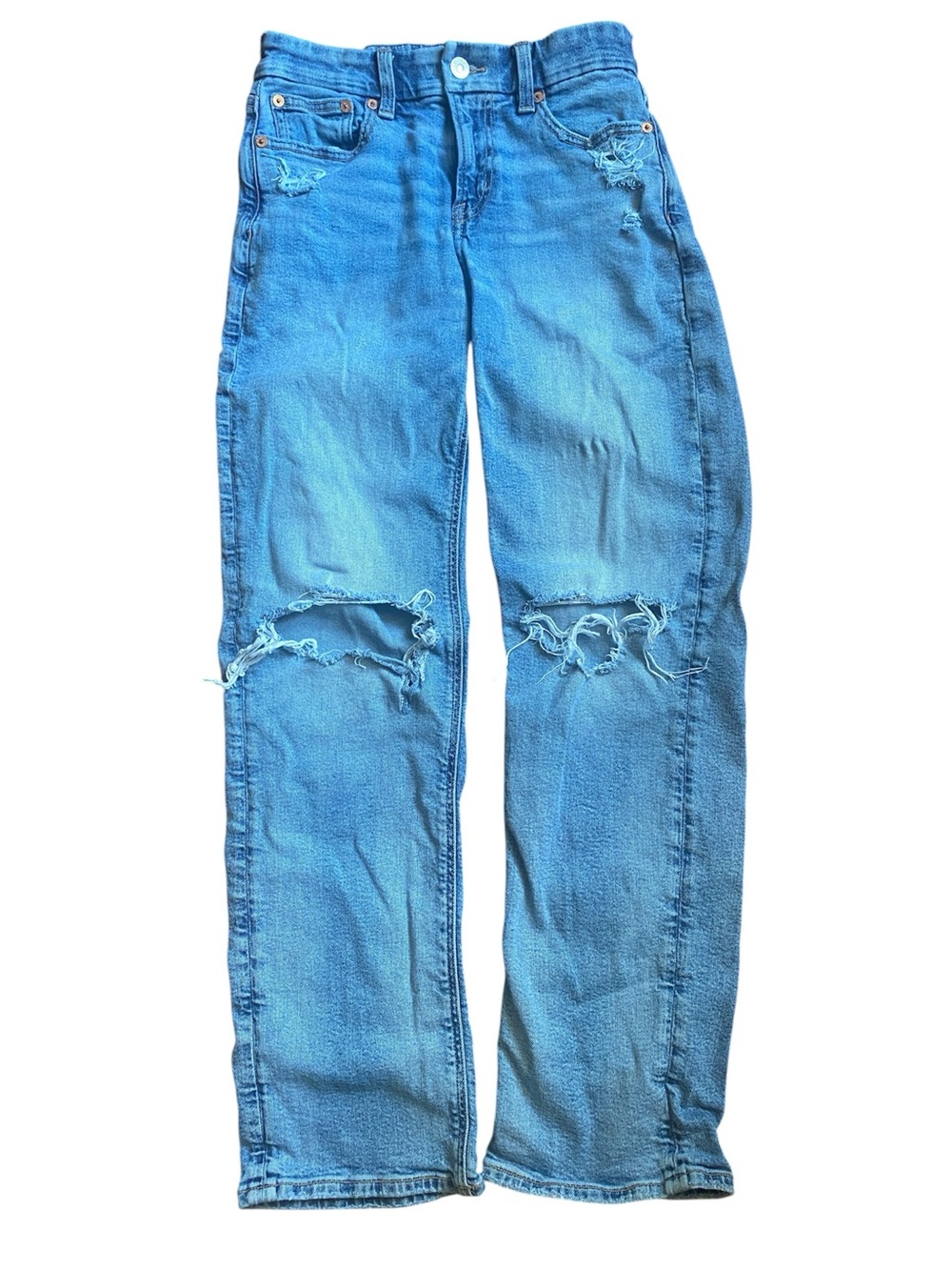 American Eagle Outfitters Distressed Curvy Straight Jeans in Light Blue
